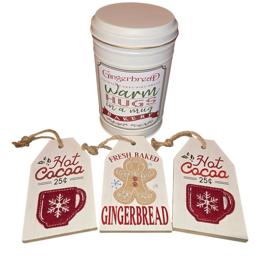 Christmas Gingerbread Tin & Ornament Cocoa Sign Set Rustic Holiday Kitchen Decor